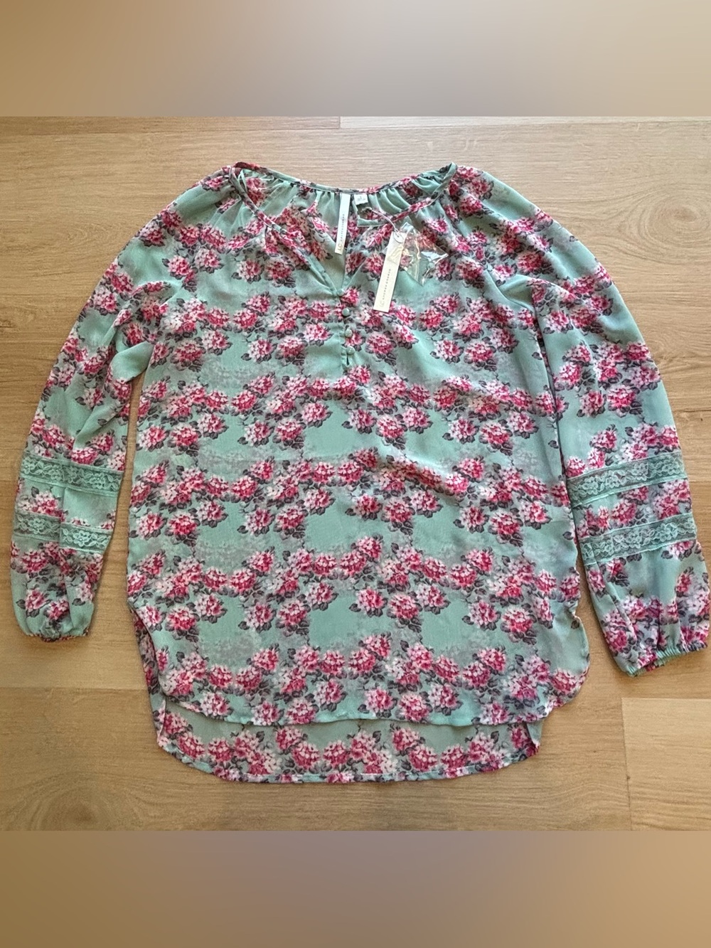 Brand new LC Lauren Conrad Mint Floral Peasant Blouse with Pink flowers